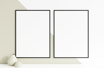 Minimalist clean vertical black photo frame mockup hanged in the wall. 3d rendering.