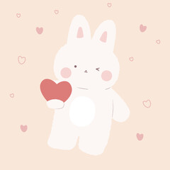 Kawaii rabbit with heart in his hands. Cute bunny character on yellow background with hearts.  Valentines day card. Stock vector illustration, eps 10