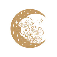 Bohemian crescent moon with mushrooms. Mystical moon with stars. Esoteric sticker, tarot card