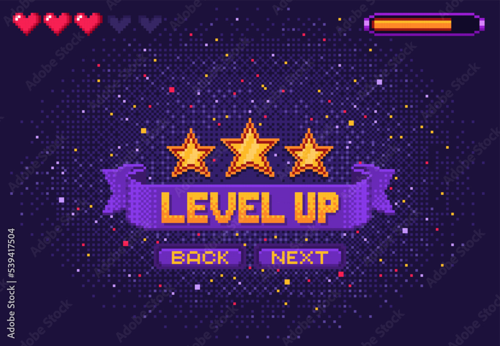 Poster level up 8bit game, arcade pixel screen. pc platform console victory menu mosaic display. game level
