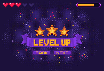 Level up 8bit game, arcade pixel screen. PC platform console victory menu mosaic display. Game level complete vector background with pixel stars, life hearts indicator, interface buttons