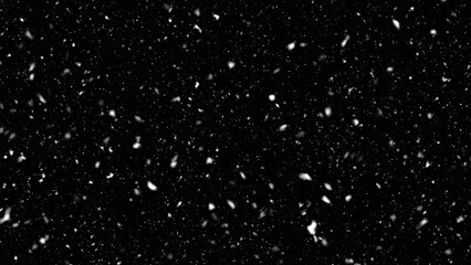 Falling realistic natural snowflakes overlay from top to bottom, calm snow for digital composition. Falling snow isolated on black background