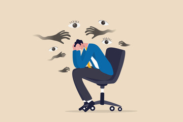 Paranoia, fear and panic cause by mental health, phobia or disorder from mental disorder, depression from stress and anxiety concept, paranoia businessman sitting on a chair with creepy hand and eyes. - obrazy, fototapety, plakaty
