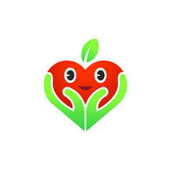 Hand holding organic cute apple character with big eyes and cute smile icon illustration. Happy apple logo vector design. Modern and cute apple logo.