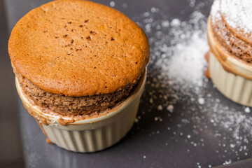 chocolate souffle home made at the kitchen table