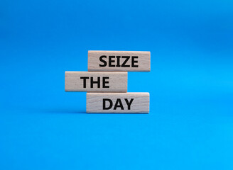 Seize the day symbol. Wooden blocks with words Seize the day. Beautiful blue background. Business and Seize the day concept. Copy space.