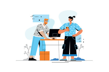 Post in social media concept with people scene in flat style. Man and woman making new posts and sharing content with followers in personal blogs. Vector illustration with character design for web