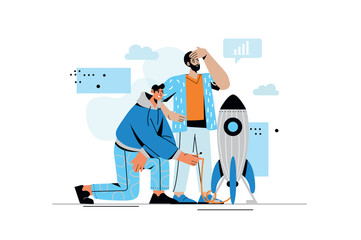 Startup concept with people scene in flat style. Businessmen start new project together. Entrepreneurship, partnership, career and business vision. Vector illustration with character design for web