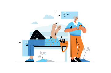 People use gadgets concept with human scene in flat style. Man and woman using smartphones, scrolling feeds, networking and online communicate. Vector illustration with character design for web