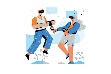 Metaverse concept with human scene in flat style. Man and woman in VR headset with controllers and tablet play and interact with virtual reality. Vector illustration with character design for web