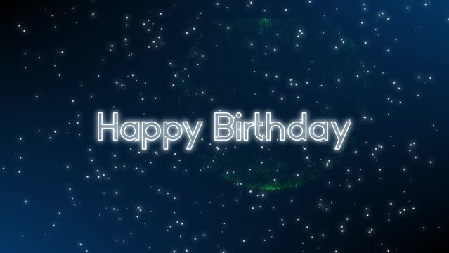 Glowing happy birthday with animated letters and falling snowflakes background and fireworks on dark blue and black background as festive birthday greeting for celebration of anniversary and jubilees