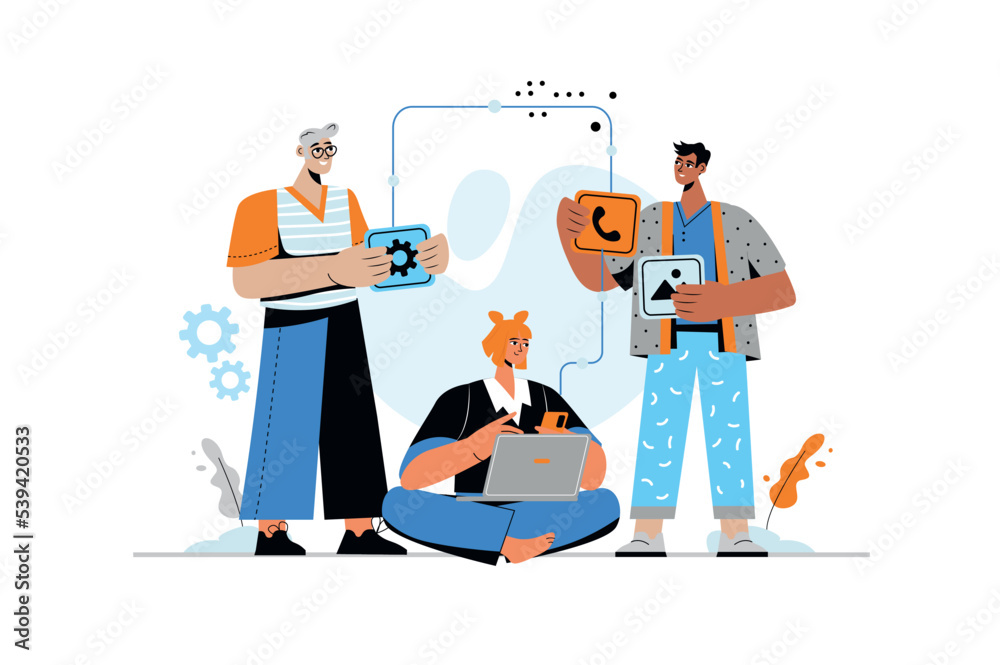 Poster app development concept with human scene in flat style. man and woman working on code, develop inter