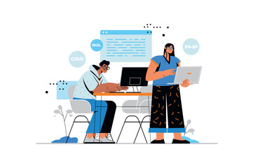 Coding concept with human scene in flat style. Man and woman frontend and backend developers working with code, programming software and programs. Vector illustration with character design for web