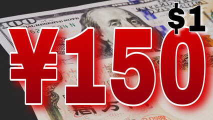 Sign showing 150 JPY per US $1 in large red text. $100 bill and 10,000 yens note in background....