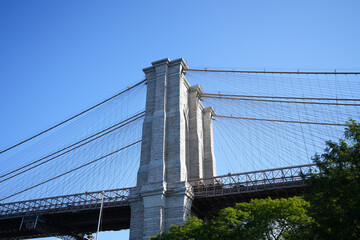 Fototapeta premium New York City, New York USA - September 2022. Manhattan bridge. Iron bridge view. Historic New York place. Brick wall buildings. Brownstone building.