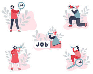 Different people looking through binoculars, finding a job. Flat vector illustration isolated on white background