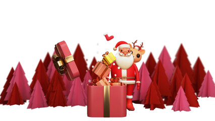 3D Render Of Gift Boxes With Stars Popping Out From Surprise Box, Santa Claus Character, Reindeer And Origami Paper Xmas Tree Decorated Background.