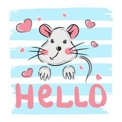 Children Cute Print mouse with hearts Vector Illustration Inscription Hello