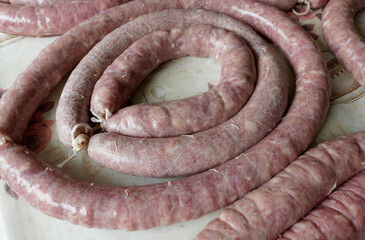 Homemade Pork susages. Traditional polish meat sausages meat process