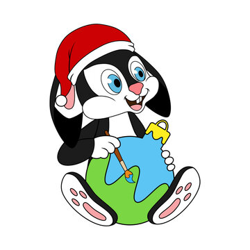 Happy black rabbit in Santa hat sitting and painting brush christmas ball. Rabbit as symbol of 2023 Chinese New Year. Cartoon character of bunny or hare with toy. New year art for kids.
