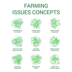 Farming drawbacks concept icons set. Agriculture issue. Problems farmers face idea thin line color illustrations. Isolated symbols. Editable stroke. Roboto-Medium, Myriad Pro-Bold fonts used
