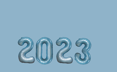 2023 from balloons on a blue background, new year 2023