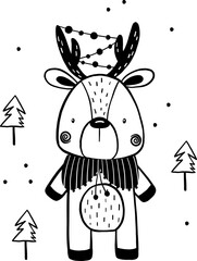 Christmas Scandinavian cute deer vector illustration for design, print, pattern, isolated on white background