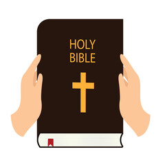 Obraz premium Two European hands holding Holy Bible. Conception religion. Vector illustration.