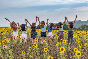 Teenage girls having fun in a sunflower field on a late summer afternoon. Copy space.