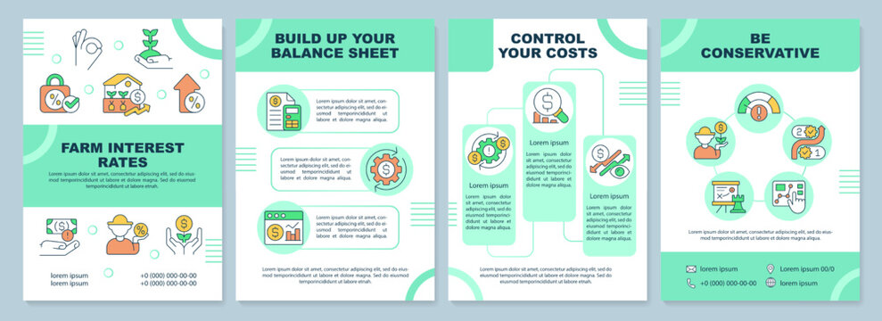 Farm interest rates green brochure template. Agro management. Leaflet design with linear icons. Editable 4 vector layouts for presentation, annual reports. Arial-Black, Myriad Pro-Regular fonts used