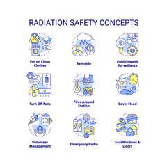 Radiation safety concept icons set. Radioactive contamination surviving idea thin line color illustrations. Isolated symbols. Editable stroke. Roboto-Medium, Myriad Pro-Bold fonts used