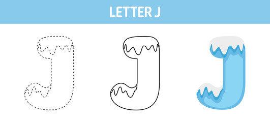 Letter J Snow tracing and coloring worksheet for kids
