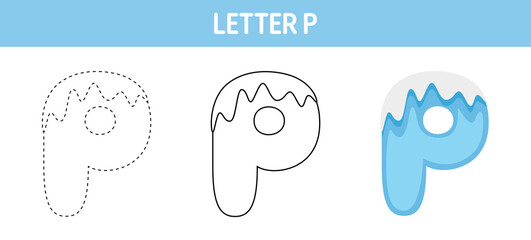 Letter P Snow tracing and coloring worksheet for kids