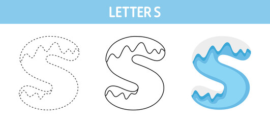 Letter S Snow tracing and coloring worksheet for kids