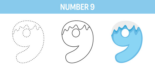 Number 9 Snow tracing and coloring worksheet for kids