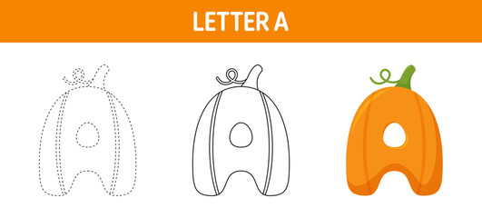 Letter A Pumpkin tracing and coloring worksheet for kids