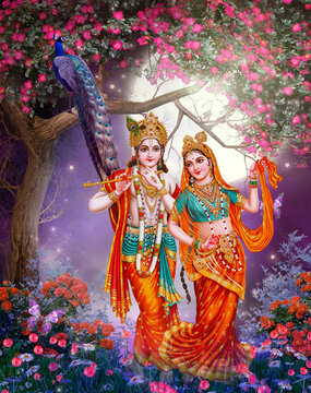 3D wallpaper design with fantasy nature background , radha krishna standing  , peacock on the tree Stock Illustration | Adobe Stock