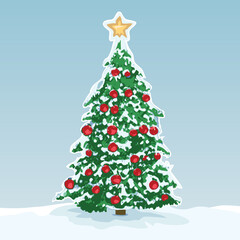 A beautiful snowy Christmas tree red decoration