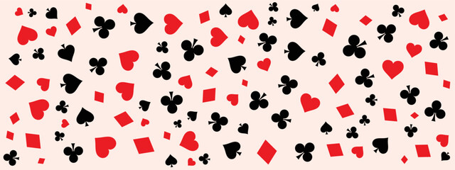 pattern with card suits - hearts, clubs, spades and diamonds. Casino gambling, poker background.