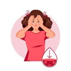 A young woman suffers from dizziness and anemia. Low hemoglobin, iron deficiency. The concept of health protection. Vector illustration in cartoon style.
