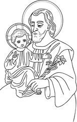 Icon Saint Joseph the Betrothed with divine Child, Jesus Christ and blooming lily. Vector illustration. Hand drawn. outline doodle for design and decoration of religious themes