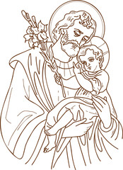 Saint Joseph the Betrothed. Icon Holy Forefather with Jesus Christ and blooming lily. Vector illustration. Hand drawn. outline. For decoration of religious themes, Catholic and Christian holidays