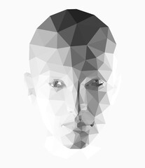 Female head polygonal 3D design. Line- art made by triangular lines.  Low poly design with halftone tonal transitions. 