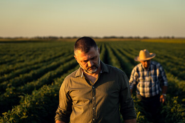 Two farmers in a field examining soy crop at sunset.