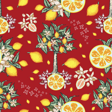 Seamless pattern with lemon trees, frout and flowers. Red background.