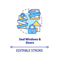 Seal windows and doors concept icon. Action at home during nuclear accident abstract idea thin line illustration. Isolated outline drawing. Editable stroke. Arial, Myriad Pro-Bold fonts used