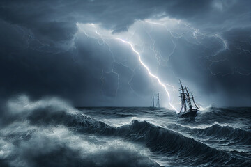 ship on a dark stormy sea with big waves 3d illustration - obrazy, fototapety, plakaty
