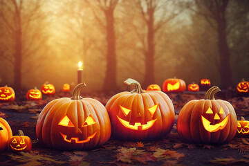 thanksgiving and Halloween pumpkins in autumn forest 3d illustration