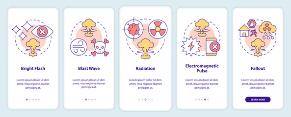 Nuclear explosion dangers onboarding mobile app screen. Radiation walkthrough 5 steps editable graphic instructions with linear concepts. UI, UX, GUI template. Myriad Pro-Bold, Regular fonts used