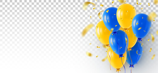 Bunch of blue and yellow helium balloons on transparent background with falling confetti and blank copy space at left. Web banner or greeting card design template. Realistic 3D vector illustration
